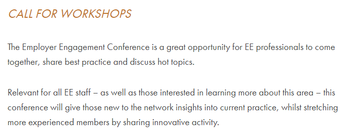 AGCAS's tweet photo. Our Employer Engagement Task Group are seeking workshop proposals for the AGCAS Employer Engagement Conference 2019 | submission deadline: 28 March 2019 | conference date: 11 June 2019 | https://t.co/lo7YPoQsQa https://t.co/SDAw8Lr5BB
