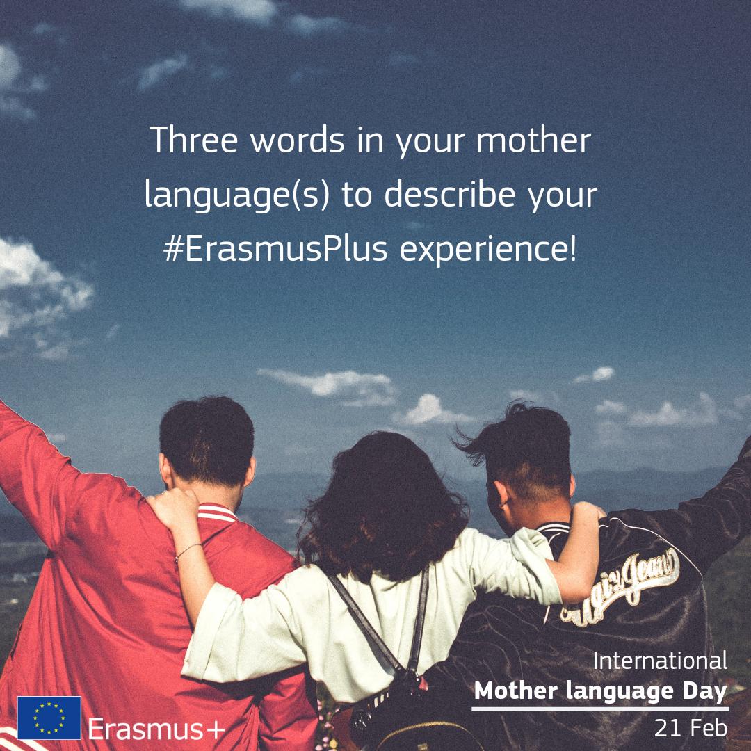 EUErasmusPlus's tweet photo. Let's celebrate #MotherLanguageDay! Share three words in your mother language(s) that describe your #ErasmusPlus experience by replying to this tweet! 🗣🇪🇺⚡🌈 https://t.co/thsAAeJ2Fo