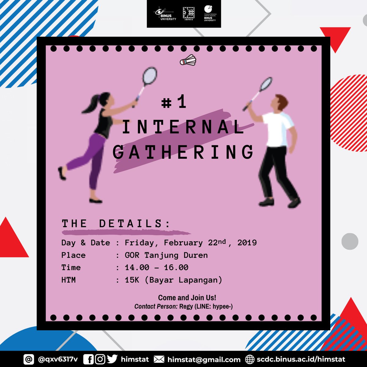 HIMSTAT's tweet image. Halo teman-teman ITSTAT!

Sejak pertama masuk kuliah pasti jadi jarang olahraga kan? HIMSTAT mau adain badminton bareng nih. Cek Foto ya untuk detailnya. So, Jangan lupa bawa raket kalian ya dan sampai jumpa besok! Terima kasih!😊💕