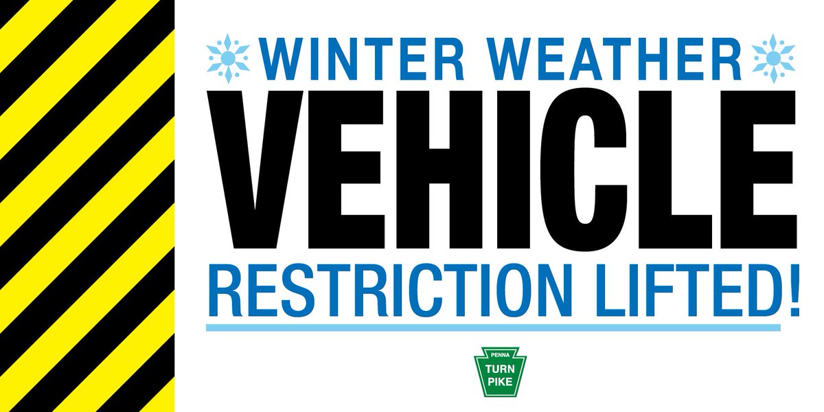 PA_Turnpike's tweet photo. All commercial vehicle restrictions, along with speed reductions, have been LIFTED systemwide on the #PATurnpike 

Please still be cautious while driving. https://t.co/lmnhjtXWuN