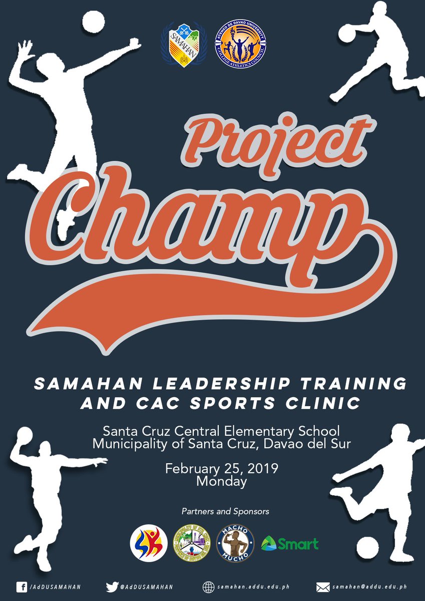 addusamahan's tweet image. Ateneans! In partnership with CAC, Municipality of Santa Cruz LGU, Macho Mucho and SMART, we bring you #ProjectCHAMP | SAMAHAN Leadership Training and CAC Sports Clinic this February 25, 2019 at Santa Cruz, Davao del Sur.

Spread the love and teach them young! #SAMAHANOnwards