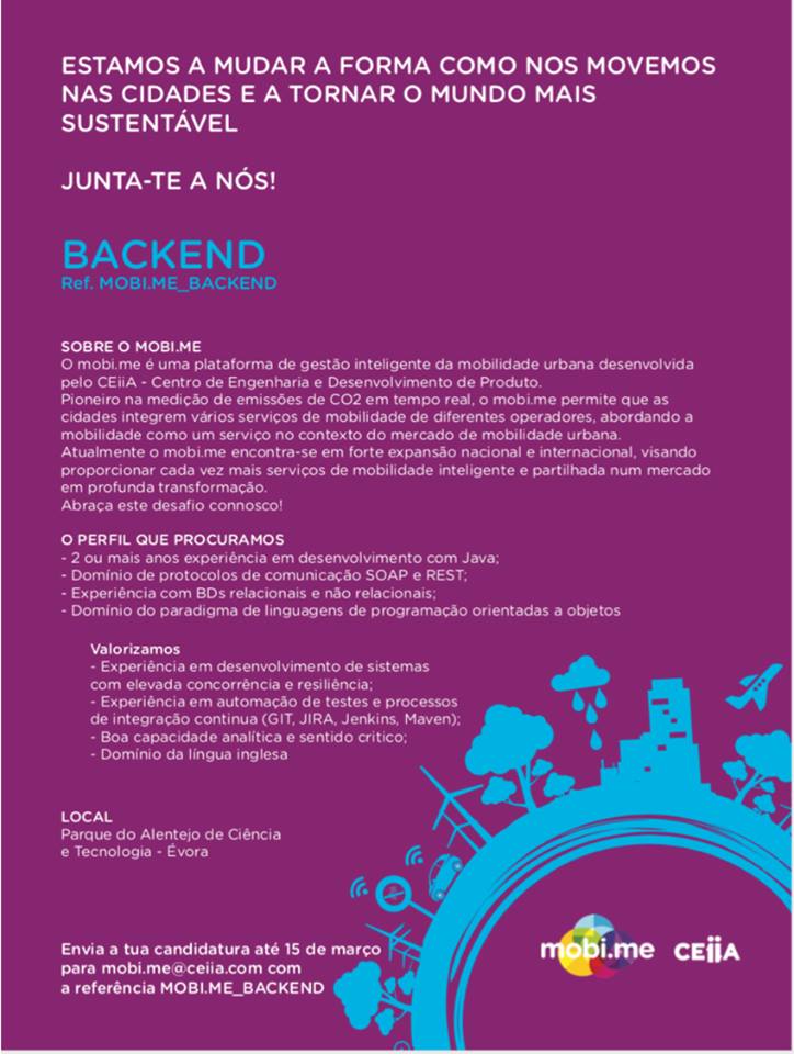 PACT - Parque do Alentejo de Ciência e Tecnologia (@parque_alentejo) on Twitter photo Recrutamento:
A CEIIA, está a recrutar colaboradores para as suas instalações no PACT
Procuram-se Profissionais com experiência em Backend, iOS e Android
Candidaturas até 15 de março para: mobi.me@ceiia.com
Não percas esta oportunidade! Recrutamento:
A CEIIA, está a recrutar colaboradores para as suas instalações no PACT
Procuram-se Profissionais com experiência em Backend, iOS e Android
Candidaturas até 15 de março para: mobi.me@ceiia.com
Não percas esta oportunidade!