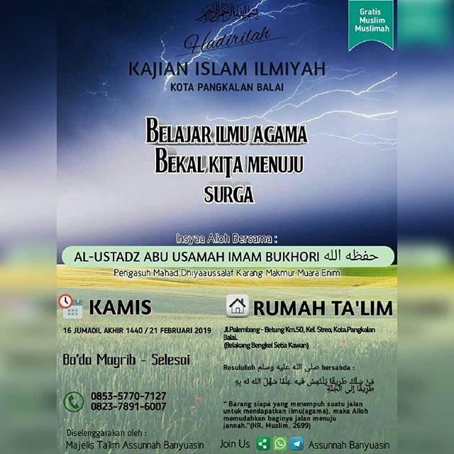 #KajianPangkalanBalai #KajianBanyuasin #KII_Banyuasin
.
Belajar Ilmu Agama Bekal Kita Menuju Surga ll Al-Ustadz Abu Usamah Imam Bukhori hafizhahullah ll Kamis, 21 Februari 2019. Ba'da Maghrib sd Selesai
.
#islam #Muslim #sunnah #ahlussunnah #salaf #Kajia… ift.tt/2VaxJaS