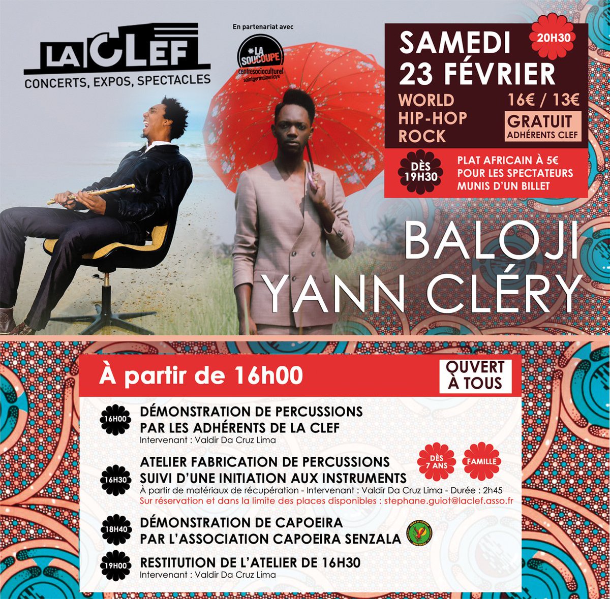 Tic tac tic tac... le #concert de <a href="/BALOJI/">BALOJI</a> / <a href="/YannClery/">Yann Cléry</a> à approche !!! Dès 19h30, les spectateurs munis d'un billet pourront déguster un repas de 5€ au profit du groupe "Séjour Famille" de La Soucoupe <a href="/StGermainLaye/">St-Germain-en-Laye</a>. Dans  la limite des plats disponibles. bit.ly/2BIprjx