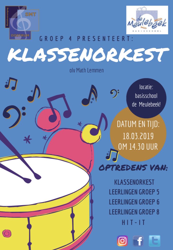 Het Klassenorkest is heel hard aan het oefenen om maandag 18 maart te laten zien wat ze geleerd hebben! Kom jij ook?