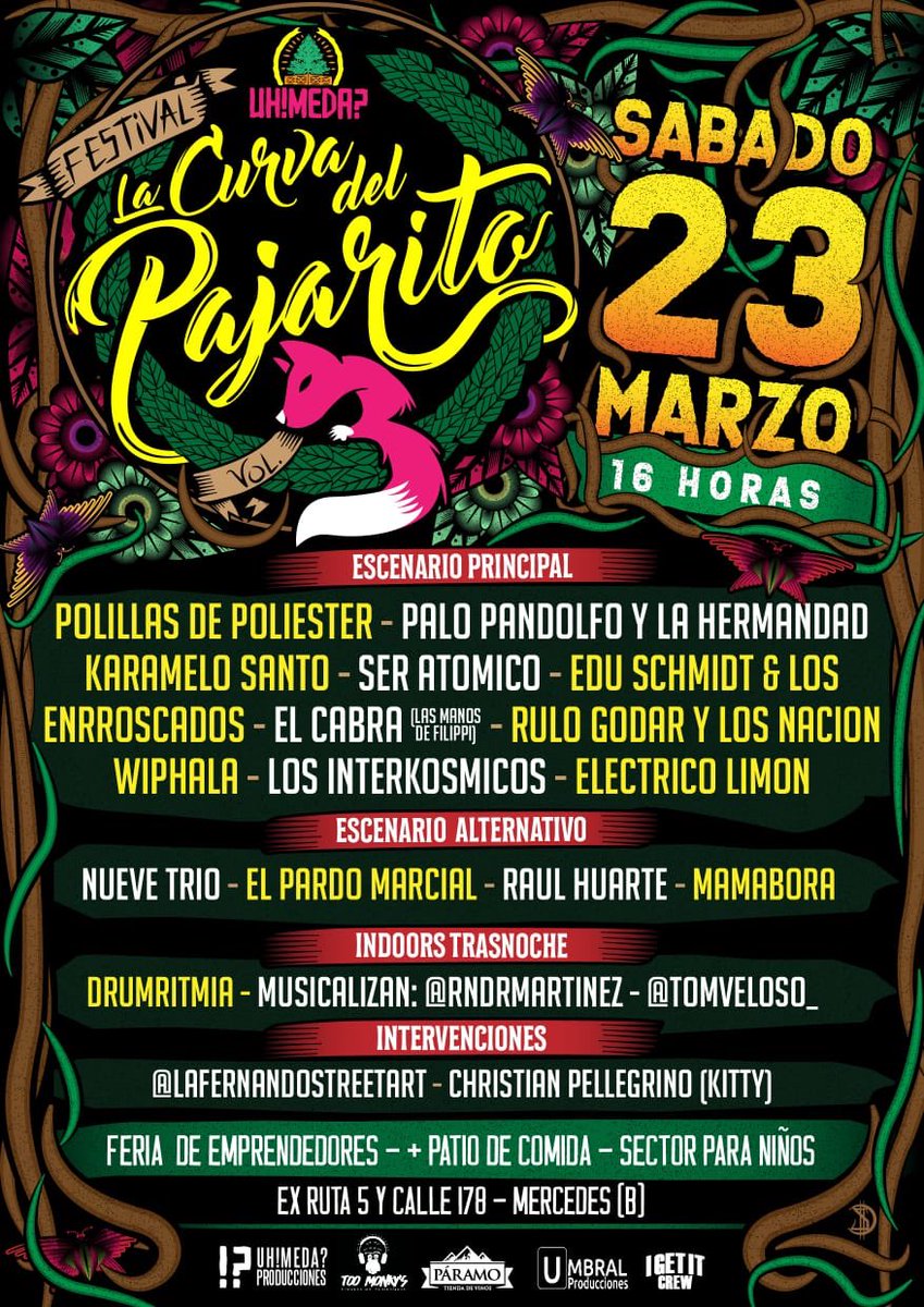 karamelosantoOK's tweet photo. Gran festival #LaCurvaDelPajarito  @uhmedarestobar @UhMeda en #Mercedes🇦🇷 sábado 23.03 14hs #comidas #djs #conciertos #feria @karamelosantoOK @palopandolfo @EduSchmidt1 @Lpp_Rock @rulogodar_ @EnroscadosOK @CabraCarlitos @WhipalaMusica @Electricolimon @Ra_Huarte https://t.co/hLZtzHDBtF