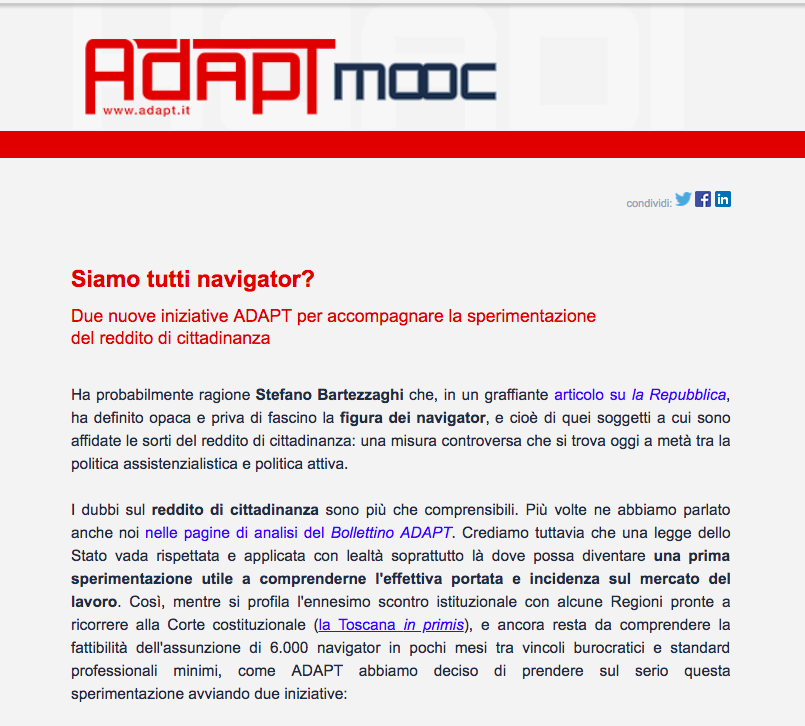 MicheTiraboschi's tweet photo. Siamo tutti dei #navigator? Due iniziative @ADAPTland #OpenAccess per prendere sul serio la sperimentazione del #RedditoDiCittadinanza: 
--> un eBook di prima lettura/interpretazione: https://t.co/FKyizjllgJ
--> un Mooc per orientare i candidati navigator https://t.co/42VOKQZBlO https://t.co/3f42aVisIM
