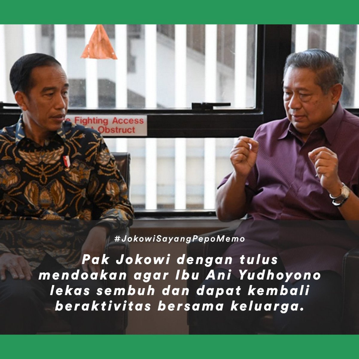 #JokowiSayangPepoMemo 
<a href="/jokowi/">Joko Widodo</a> Semoga Ibu Ani Yudhoyono Lekas sembuh dan dapat kembali beraktivitas bersama keluarga🙏🙏🙏