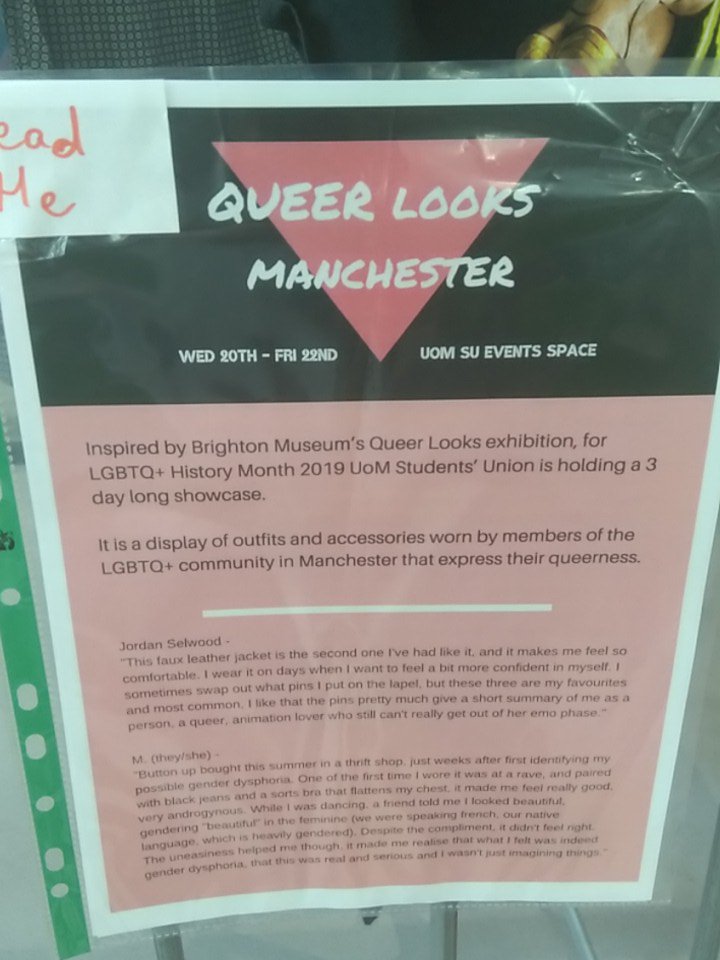 Come by the SU today to see our queer looks exhibition and read about the importance of clothing to LGBT+ people
