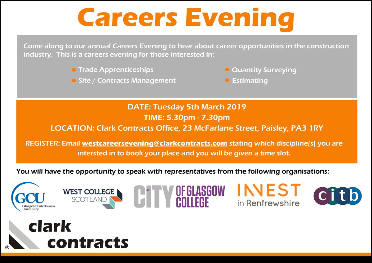 clark_contracts's tweet photo. Less than 2 weeks to go until our 4th annual Careers Evening in our Paisley office! The event gives you a chance to speak to some of our current employees and representatives from @gcutoday, @WestCollScot, @CofGCollege, @CITB_UK and @InvestinRen! #ScotAppWeek https://t.co/dMYYXkYJNw
