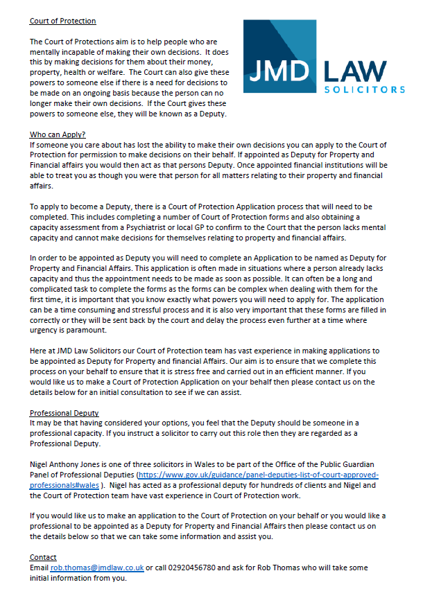 Does someone you love lack the capacity to make decisions for themselves? If you think somebody you know and love may require a Deputy for Property and Financial Affairs please read the attached and contact us to see if we can help.
