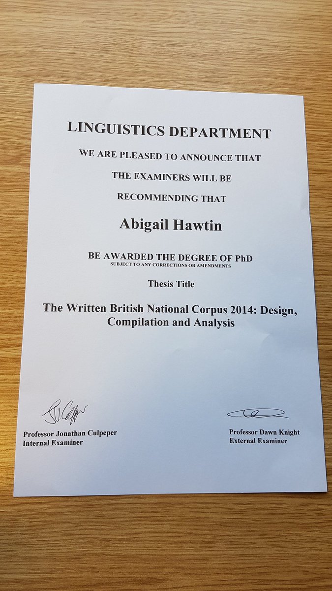 So thrilled to say that I passed my PhD viva with minor corrections this morning! A huge thank you to <a href="/nottyknight/">Dawn Knight</a> and <a href="/j_culpeper/">Jonathan Culpeper</a> for being such kind and enthusiastic examiners!