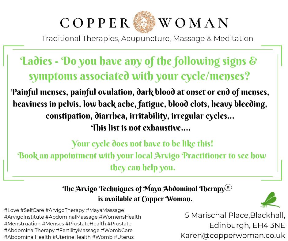 Ladies,  see your local Arvigo Practitioner if you are experiencing any signs & symptoms associated with your menstrual cycle.
#ArvigoTherapy #MayaMassage #ArvigoInstitute #AbdominalMassage #WomensHealth #AbdominalTherapy #FertilityMassage #WombCare #UterineHealth #Womb #Uterus