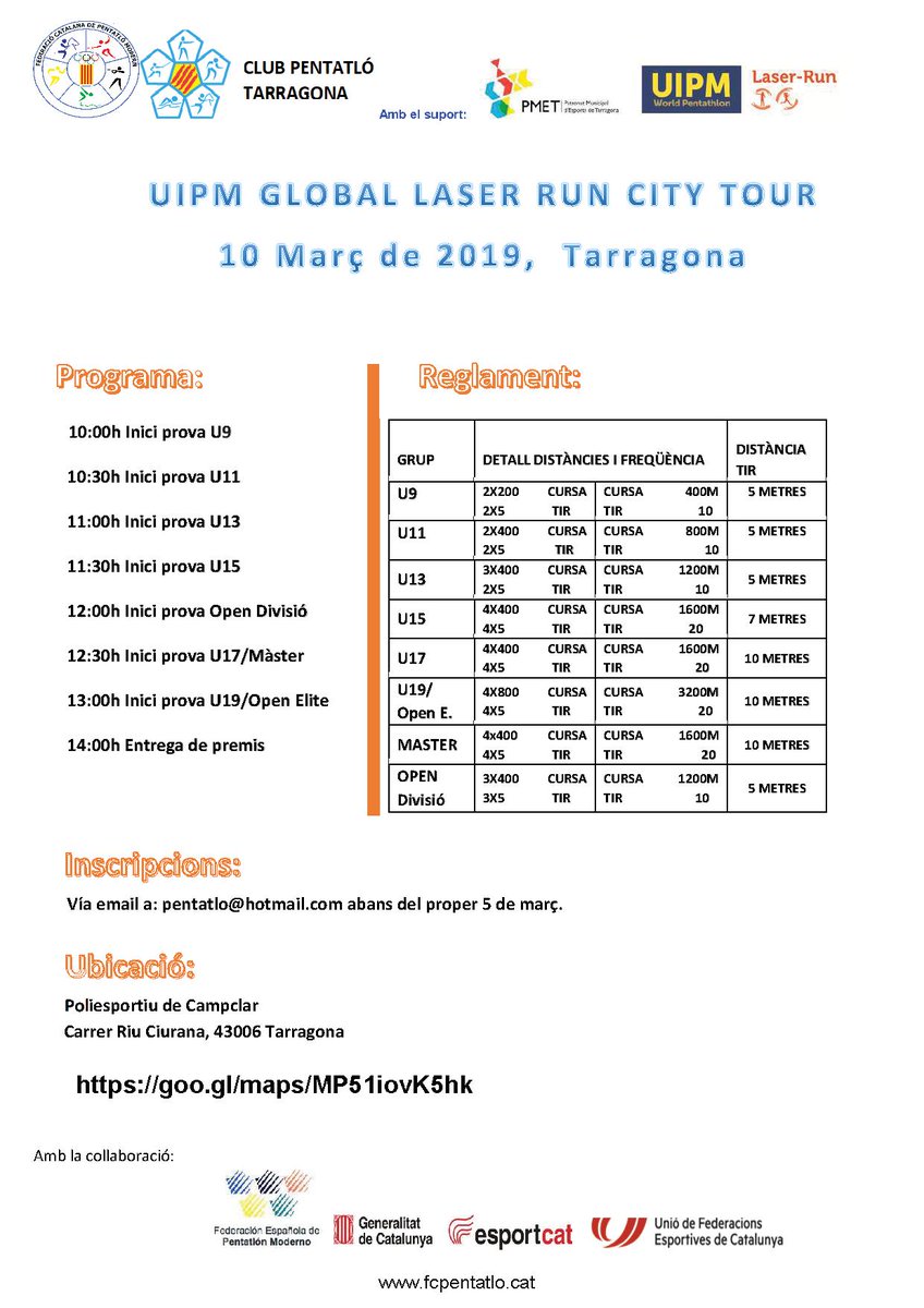 pentatlo_cat's tweet photo. Programa del proper 10 de març, @WorldPentathlon GLOBAL LASER RUN CITY TOUR a Tarragona. https://t.co/EQTaIQ0515