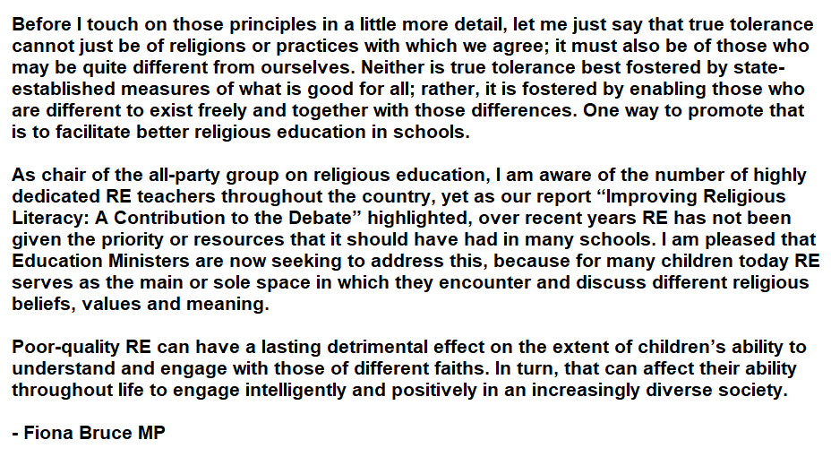 RECouncil's tweet photo. "...for many children today RE serves as the main or sole space in which they encounter and discuss different religious beliefs, values and meaning" - Fiona Bruce MP made an impassioned speech in #Parliament yesterday on the value of #ReligiousEducation. #reteacher #inclusiveRE https://t.co/mxSOYTg0m9