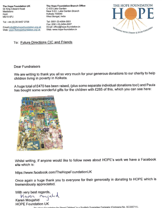 FDirectionsCIC's tweet photo. We hope you enjoyed following Paula's trip in India earlier this month.
We received a lovely letter from The Hope Foundation thanking #FDCIC and Paula for all the generous donations. These gifts brought so much joy to the children Paula visited. Thank you everyone. https://t.co/JKsiFg90wk
