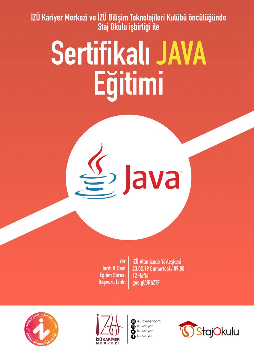 "Güçlü CV'ler, Nitelikli İşler!"
<a href="/izubtk/">IZU Bilişim Teknolojileri Kulübü</a> ve <a href="/stajokulu/">StajOkulu</a> ile gerçekleştireceğimiz Ücretsiz "Sertifikalı JAVA Eğitimi" başlıyor! Başvurmak için hemen tıkla! goo.gl/JRhZTF