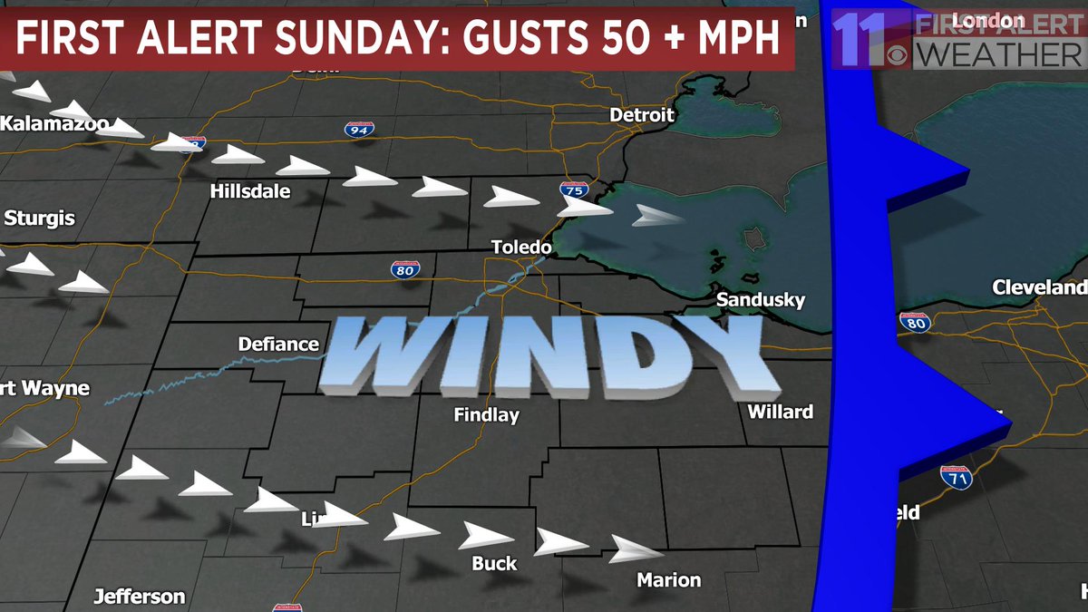 ellynfritzWTOL's tweet photo. Powerful and potentially damaging wind gusts of 50 + mph will come barreling in for Sunday's First Alert Day! https://t.co/tANfBjFQDB