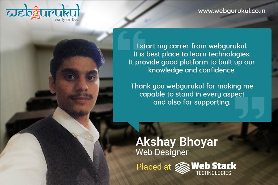 WebgurukulEdu's tweet photo. Congratulations🏆Mr. Akshay Bhoyar 🏆
Big congratulation for your placement at WEB STACK TECHNOLOGIES IT firm as a WEB DESIGNER. Good luck!
In-Service
Webgurukul Team
#Placements #ITPlacements #ITJobs #Webgurukul #WebDesining #WebDevelopment https://t.co/vfeo965rfc