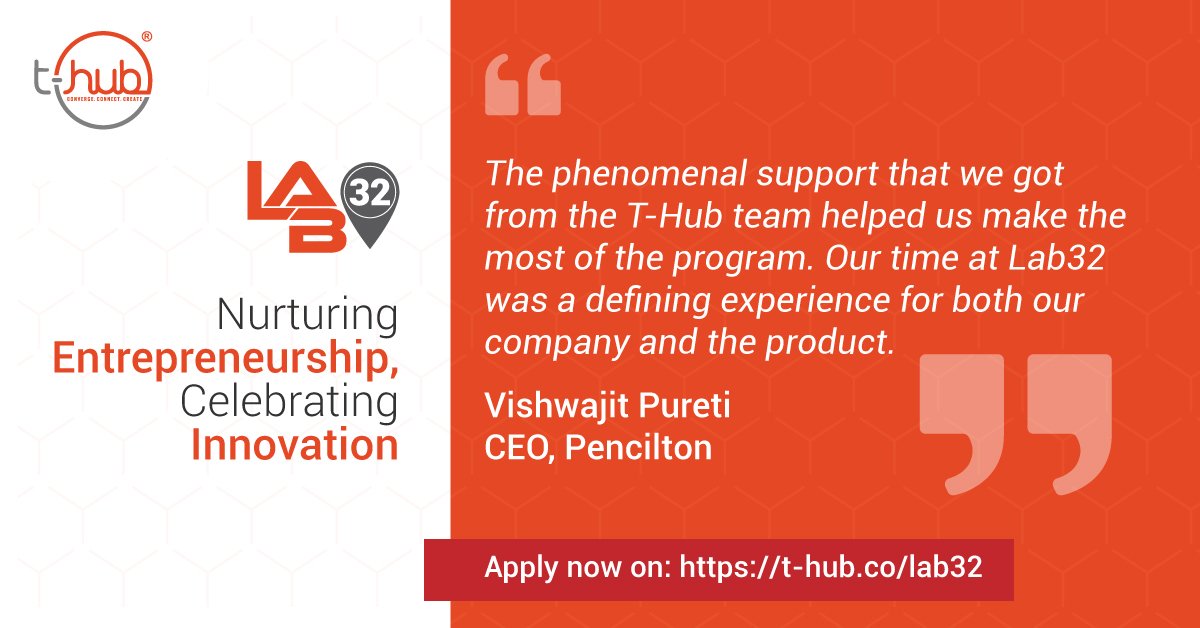 Here’s what one of our #Lab32 first batch startup has to say about the program. #Signup and get ready to go from #StartupToScaleup #InnovateWithTHub. Visit bit.ly/2TZ1oDW  #CallForApplication #Innovation #InnovateWithTHub #StartupIndia #THub #pencilton