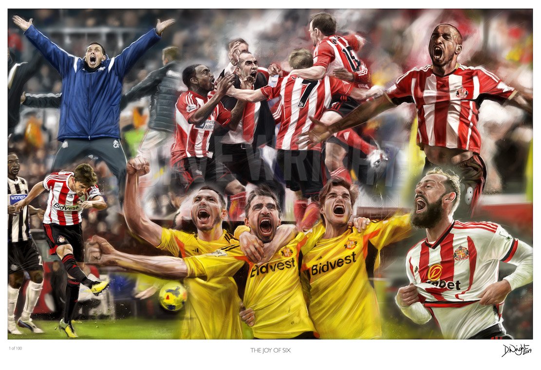 ⚽️ PRIZE DRAW ⚽️  My latest #safc illustration 'The Joy of Six' - will be available soon as a limited edition print. 
To be in with a chance of winning the first A4 print simply follow me and Retweet this post - and I'll draw 1 winner tomorrow at 10pm (22.02.18)  #sixinarow👍