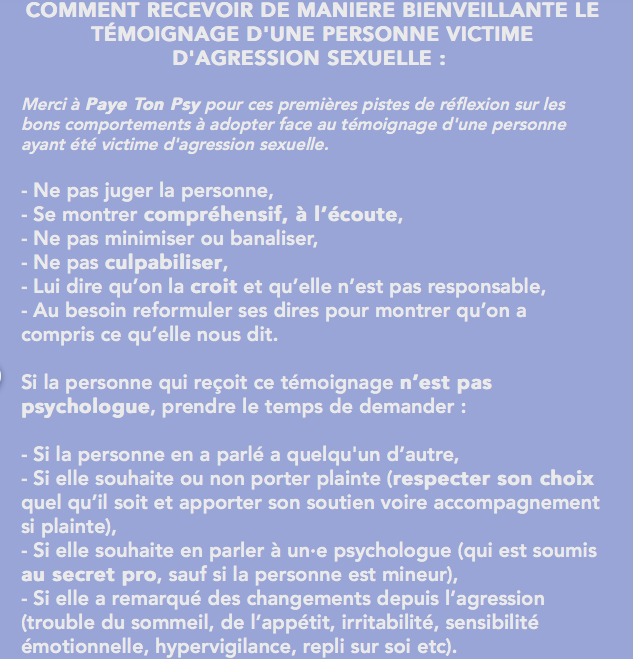 EcouteMieux's tweet photo. Comment recevoir de manière bienveillante le témoignage d'une personne victime d'agression sexuelle ? Merci mille fois @Payetonpsy pour ces premières réponses ! #RT #EcouteMieuxBordel #EcoutonsMieux https://t.co/Yb6cID3c24