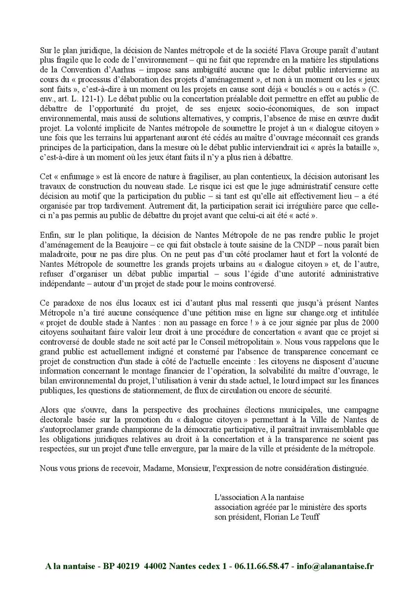 Double stade : un projet hors la loi

Mise en demeure à l'encontre du propriétaire du FC Nantes et de la psdte de la métropole:

Dans  le cas où la loi ne serait toujours pas respectée, nous engagerons dans les prochains jours une action devant le Tribunal Administratif de Nantes