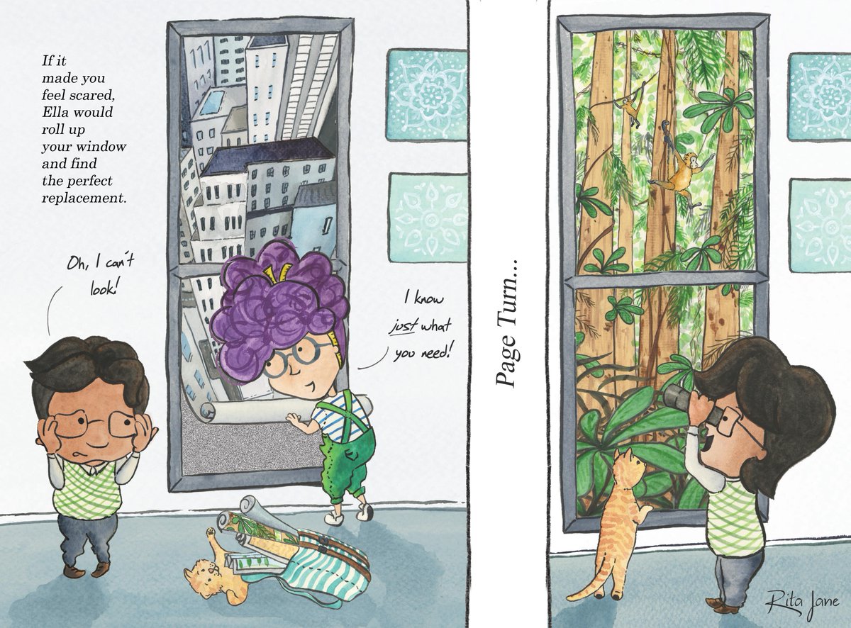 ritajanedraws's tweet image. ELLA, ELLA, WINDOW SELLER
Does your view scare you? Give you chills? Make you seasick? Ella can change your view, simply by changing your window. But Grandpa has a problem she just can’t fix… until an unlikely character lends an ear #PBpitch