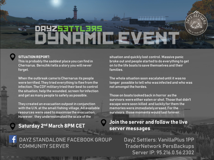 DayZSettlers's tweet photo. Prepare for the 8th of March for the next #DynamicEvent on @DayZSettlers !!! This is a great way for groups to get settled and gain resources of any kind. But will it be easy? No! Others will fight for it too and only the strongest survives. A secret treasure is to find aswell. https://t.co/IcpwMSYjqe
