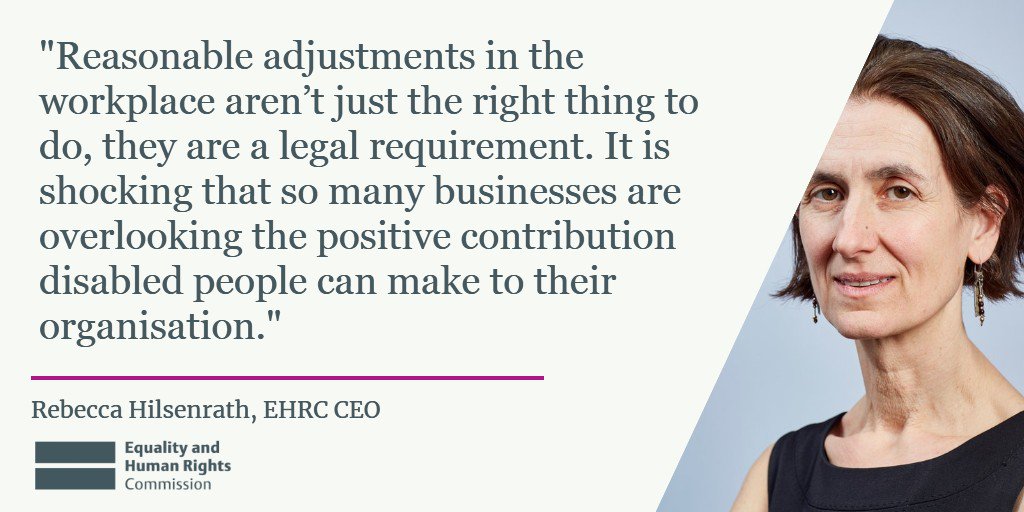 EHRC's tweet image. "Reasonable adjustments in the workplace aren’t just the right thing to do, they are a legal requirement" @RJHilsenrath on new research from @LeonardCheshire which found that 7 out of 10 disabled workers in the UK are being failed by employers.

More ➡️ bit.ly/2NiZ4Fj