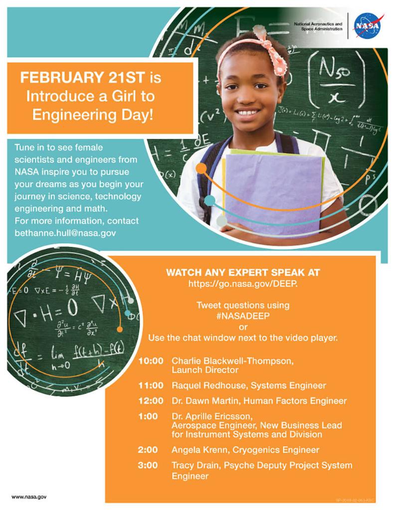 LearnWithNASA's tweet photo. Be sure to tune in for the big #IntroduceAGirlToEngineering webcast series TODAY! Chats with NASA scientists &amp; engineers begin at 10 a.m. EST &amp; continue throughout the day. Get involved by asking questions using #NASADEEP. Don't miss it! https://t.co/4Hv3EAqXD4 https://t.co/glLFEf58hr