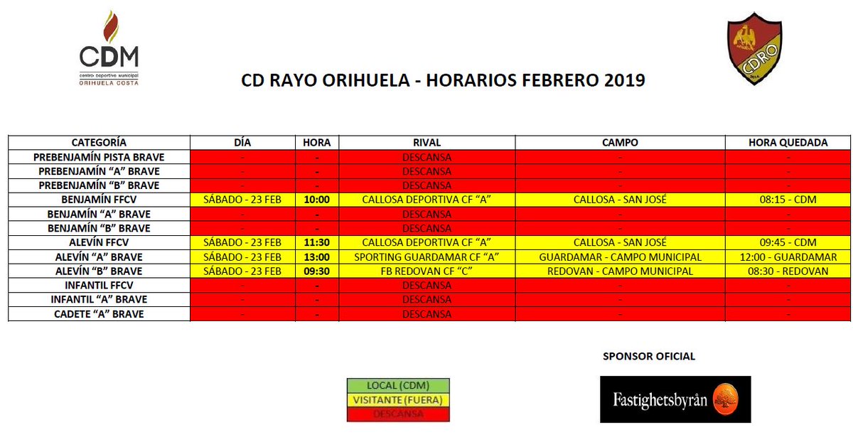 Horario partidos fin de semana 23 y 24 de febrero de 2019. CDM Orihuela Costa.
#CDM #OrihuelaCosta #EscueladeFutbol #Liga #RayoOrihuela #findesemana #futbol #escuelasdeportivas #Torrevieja #Vegabaja #Alicante