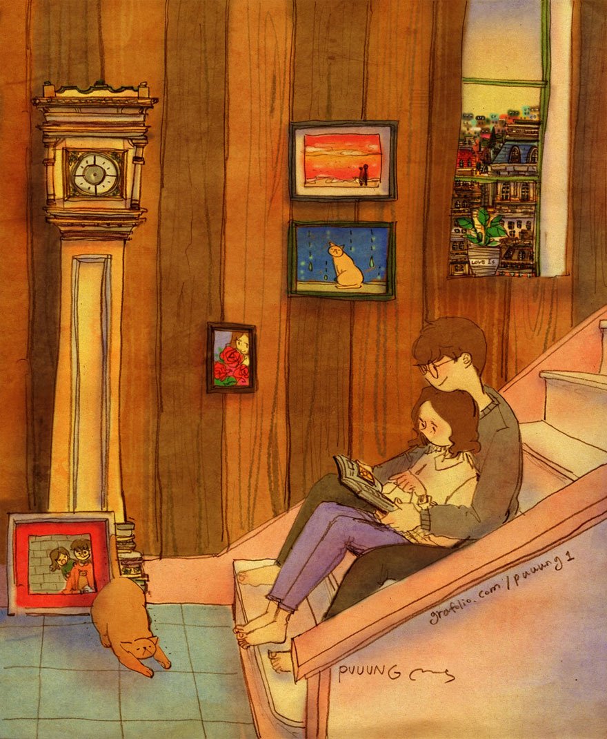 Жить вместе книга. Корейская художница puuung. Уютные иллюстрации. Уютные семейные иллюстрации. Уютные арты.