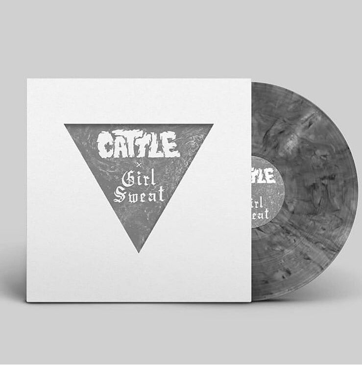 here’s a black and white photo of the pretty blue and red splatter vinyl of CattleXGirlsweatPleasureRitualBand that you can pre-order now, mastered at DeclaredSound.com ••• cattle.bandcamp.com/album/live-at-…