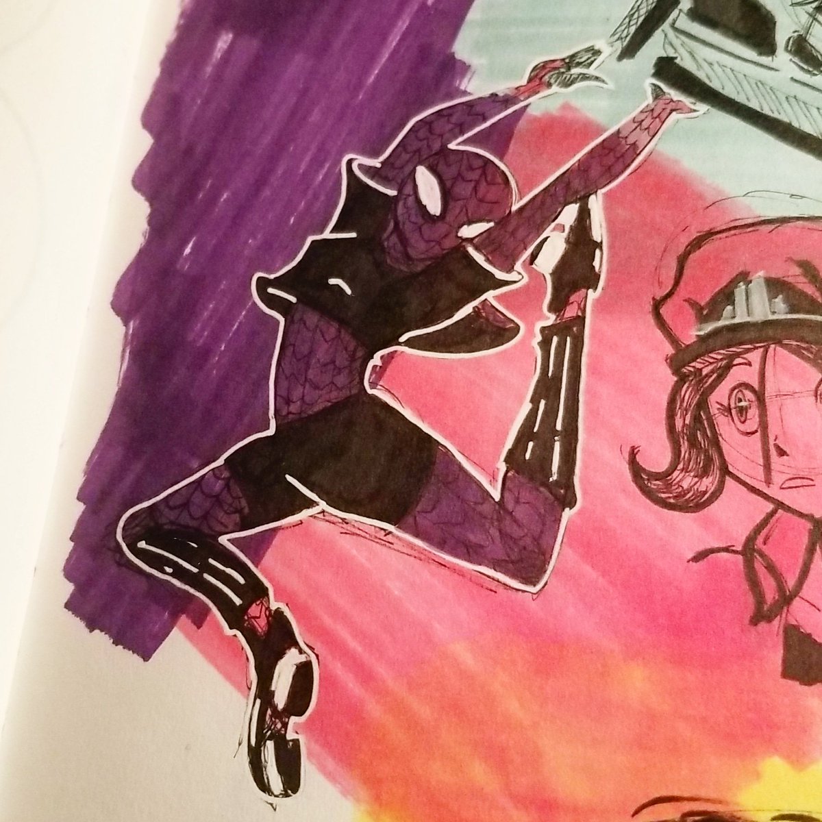 Scrawleyart's tweet photo. HAHA got around to sketching out my #spidersona
#spidermanintothespiderverse #sketchbook #copicsketchmarkers #copicmultilinersp #uniballsignowhite #scrawleytart https://t.co/4pFa1GtIjX