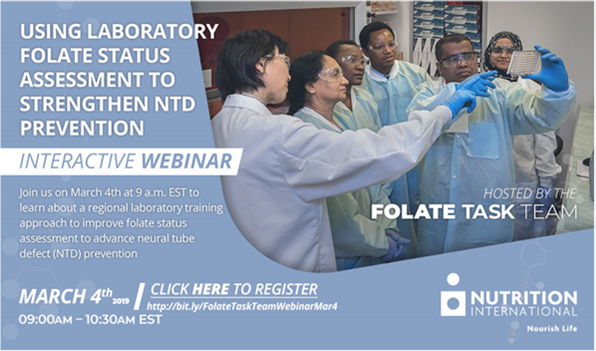 NutritionIntl's tweet photo. Learn about how @NutritionIntl 's #FolateTaskTeam has partnered with Centers for Disease Control & Prevention (CDC) & CDC Foundation to develop a lab capacity building prgm to measure blood folate levels using microbiologic assay in upcoming webinar Mar 4: https://t.co/RaW31c2p4Q https://t.co/FWwOBdlzom