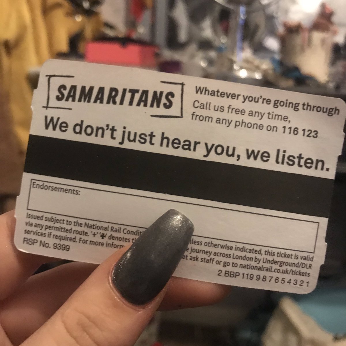 Was looking at my old train ticket and I think this message on the back is absolutely fantastic, reminder that no matter how bad things are there’s always someone there you can talk to! Bravo <a href="/samaritans/">Samaritans</a> 👏🏻👏🏻
