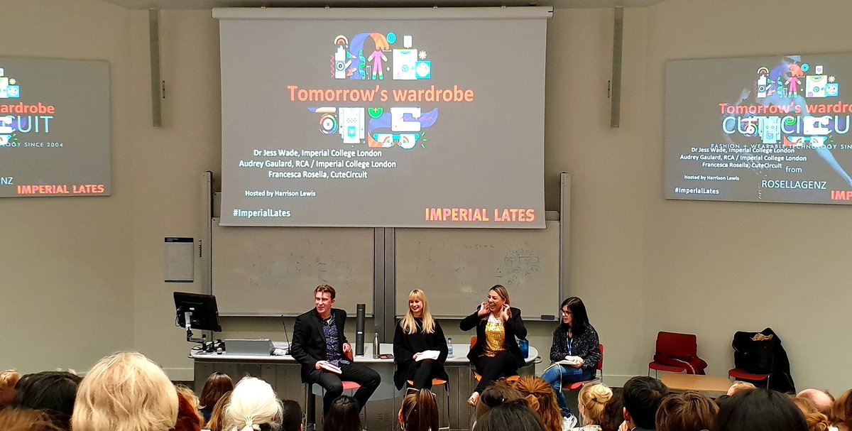Tomorrow's wardrobe - new materials combined with technology going to change how we dress in future! Talk with a collaborator of Lady Gaga, a designer of the hug shirt (now the sound shirt) #ImperialLates #fashion #wearabletech #London #interactivefashion #hugshirt #cutecircuit