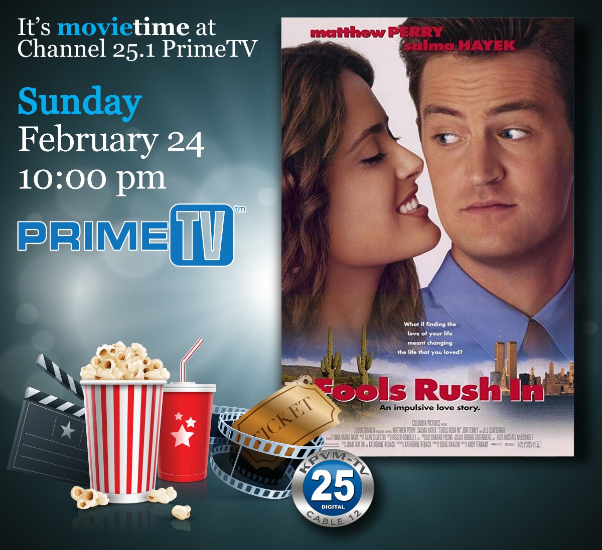 KPVMTV's tweet photo. Our movie times this weekend
Saturday:
o   1:00pm: Aeon Flux (2005)
o   9:00pm: An Officer and a Gentleman (1982)

Sunday:
o   12 noon: The Time Machine (2002)
o   8:00 pm: Last Action Hero (1993)
o   10:00pm: Fools Rush In (1997)

Be sure to tune in to channel 25.1! https://t.co/x6bVg3XlQD