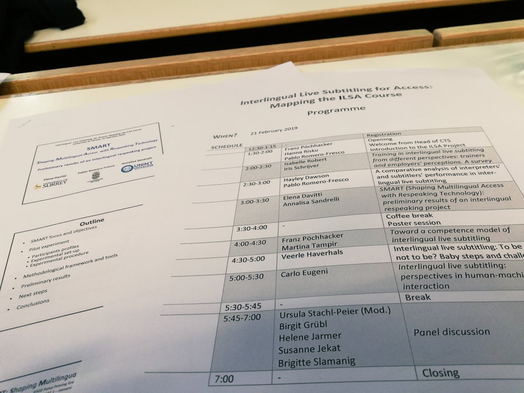 ElenaDav's tweet image. Very happy to have presented some findings from our SMART project on #interlinguallivesubtitling  at the #ILSAproject multiplier event in Vienna today. Great papers, wonderful atmosphere, lots of food for thought! #respeaking #livesubtitling #ILSA