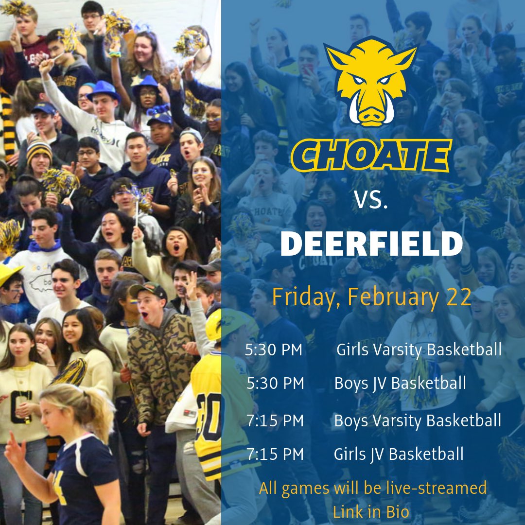 ChoateAthletics's tweet photo. Tomorrow our boys and girls Basketball teams will take on Deerfield! Come out and support, first game starts at 5:30PM 🏀🐗🎉#gochoate #boarmode #beatdeerfield #rivalryseries
Can’t make it to campus? Watch via livestream - link in bio https://t.co/e7ji62lrPw