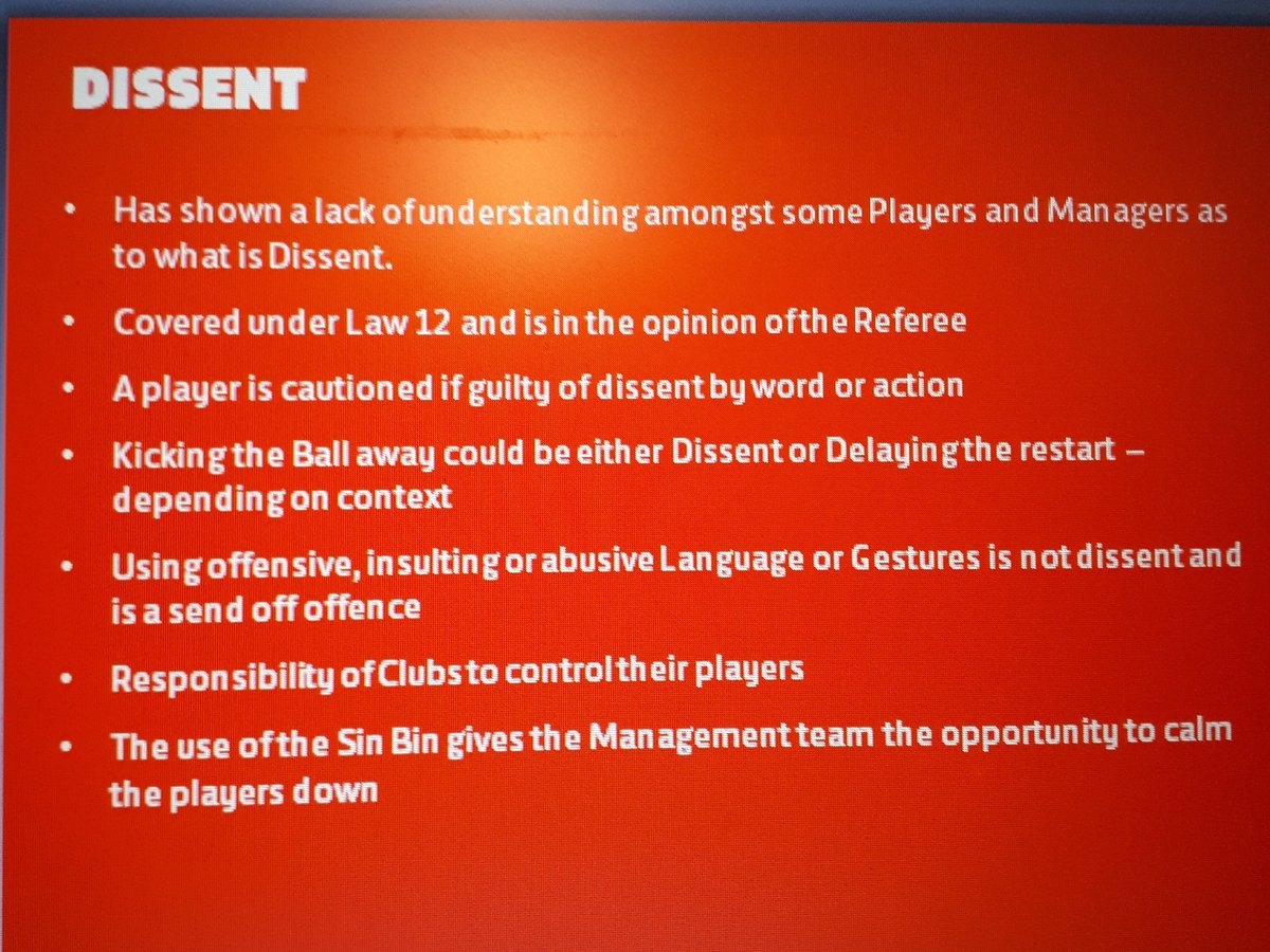 leicsfa's tweet photo. MI: Ensuring there is an understanding of what Dissent is will be key to this being understood by clubs.
#RefSummit19 https://t.co/sIBOuONMUj
