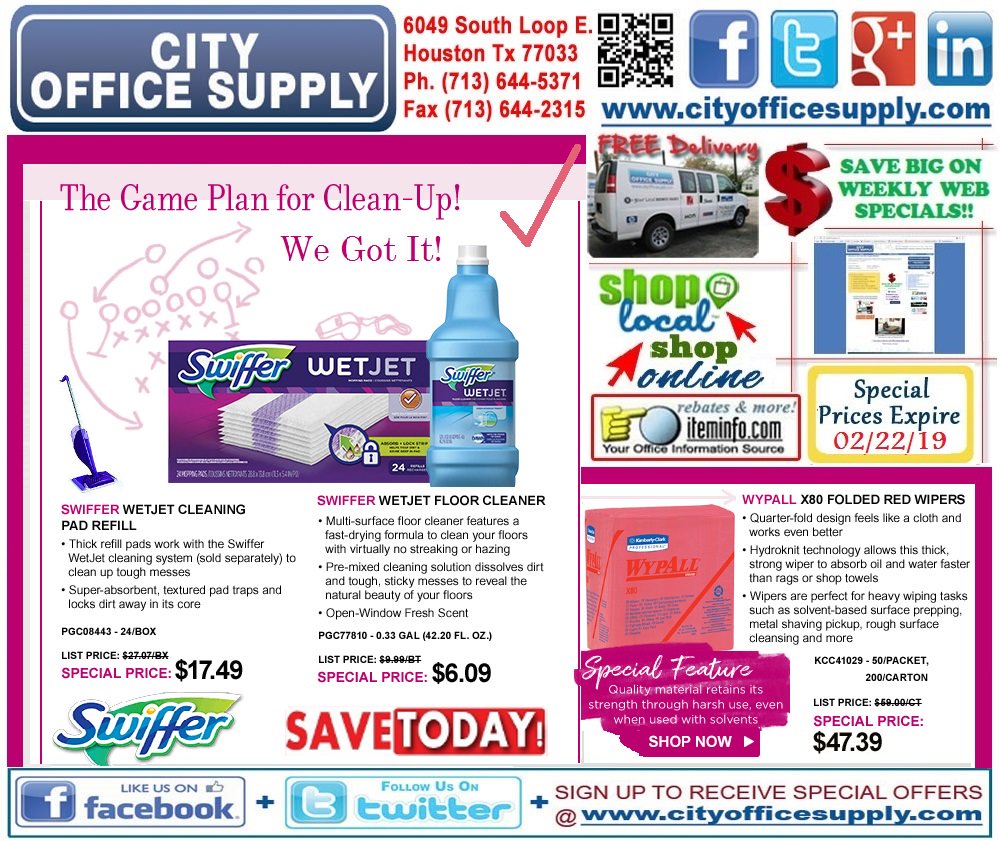 #ThinkCleanThoughts #Thursday with @Swiffer #CleaningSolution+#CleaningPad #Refills & @KCCorp #Wypall #Wipes #WeeklyWEBSpecial @ CityOfficeSupply.com ecinteractiveplus.com/5632/Product/K…