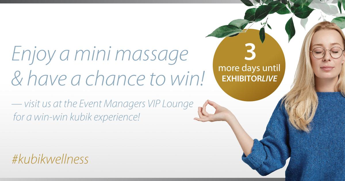3 days until #ExhibitorLive! Sign up and reserve a professional massage therapist for a mini massage, or a chance to win a luxury #kubikwellness package, we're giving 1 away everyday of the show! bit.ly/2TL2Olp  <a href="/EXHIBITOR/">Exhibitor Group</a> 
-
#Tradeshows #Eventprofs #LasVegas