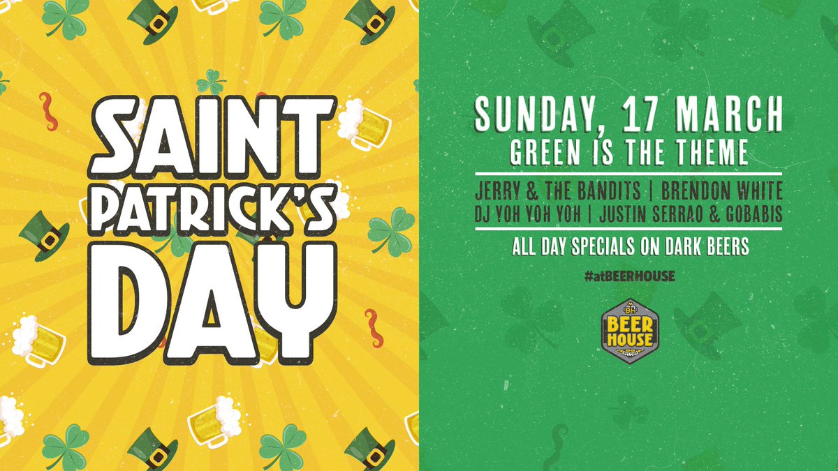 Join us this #StPatricksDay for our ANNUAL green party! 

Date: Saturday, 16th March 
Awesome live music starting from 4pm with <a href="/YYYSHOWS/">YYY SHOWS</a>, <a href="/JustinSerrao/">JUSTIN SERRAO</a> and more. 

Epic discounts on selected dark beers and FREE ENTRY! 

#atBEERHOUSE