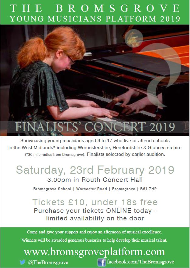After an amazing day of Junior section auditions, you really do not want to miss the Platform Finalists' Concert on Saturday afternoon!

Get your tickets at bromsgroveplatform.com/tickets.aspx

Adults £10 / U18s free

#YoungMusicians #Platform #TheBromsgrove #MusicCompetition #BYMP