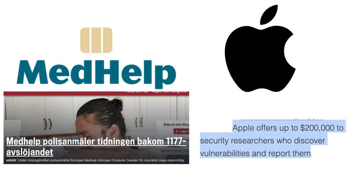 wulff_markus's tweet photo. Alla tänker olika: 1) Medhelp polisanmäler de som avslöjar deras buggar. 2) Apple ger 1.9 miljoner för buggar som rapporteras. @MedHelpAB vs @AppleSupport @tidningenresume https://t.co/62EYadx9Pz https://t.co/cdPnrDjabi