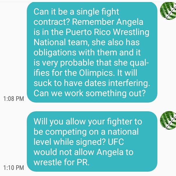 AngelaMagana1's tweet photo. The conversation between my manager and next #MMA promotion who wants me
#YourMajesty #OlympicHopeful #FreestyleWrestling #InDemand #FightNewsComingSoon #505WC #TeamLaPerla https://t.co/B1D6MzWemT