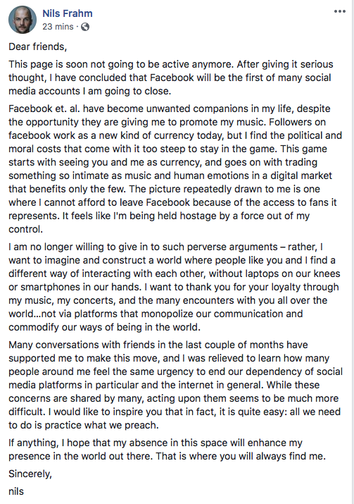 Bravo <a href="/nilsfrahm/">Nils Frahm</a>, couldn’t be more in agreement. Perhaps if we could all do this, the dynamic would shift to a place again where the music is the object of value and not the number of likes, follows, &amp; “engagements.” Hats off sir!