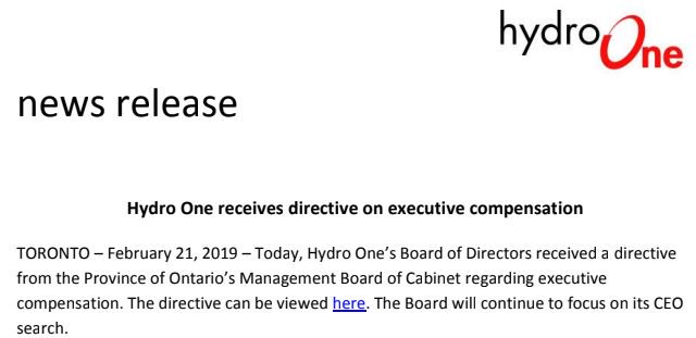 Mike Crawley On Twitter Terse Statement In Response From Hydro One Today Hydro One S Board Of Directors Received A Directive From The Province Of Ontario S Management Board Of Cabinet Regarding Executive Compensation